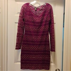 Guess Purple & Gold Lace Cocktail Dress Bodycon Shimmer Metallic Size L